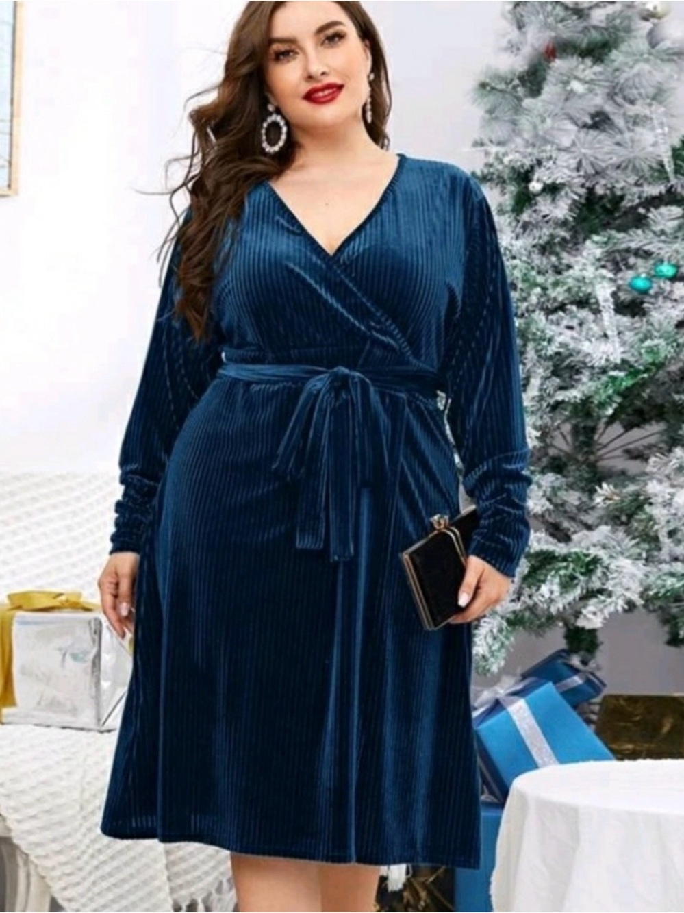 SHEIN Navy Blue Velvet Wrap Dress